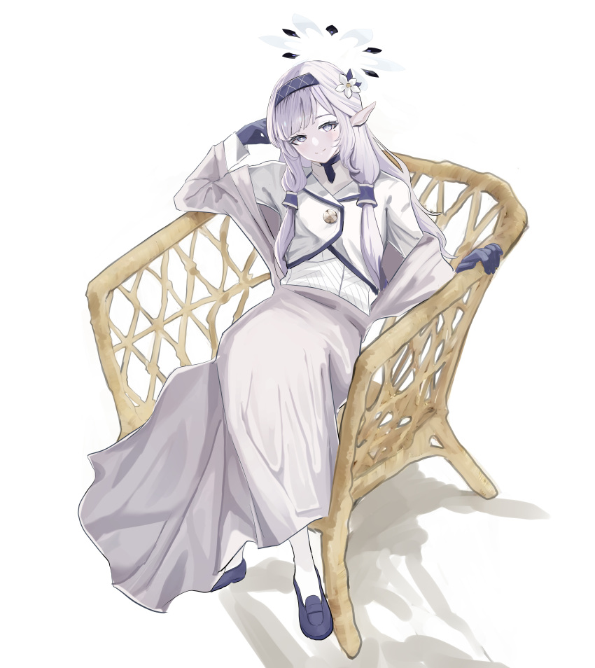 1girl, absurdres, arm_up, black_gloves, black_hairband, black_shoes, blue_archive, chair