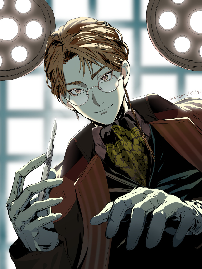 1boy, ascot, black_ascot, black_vest, blurry, blurry_background, braid, brown_hair