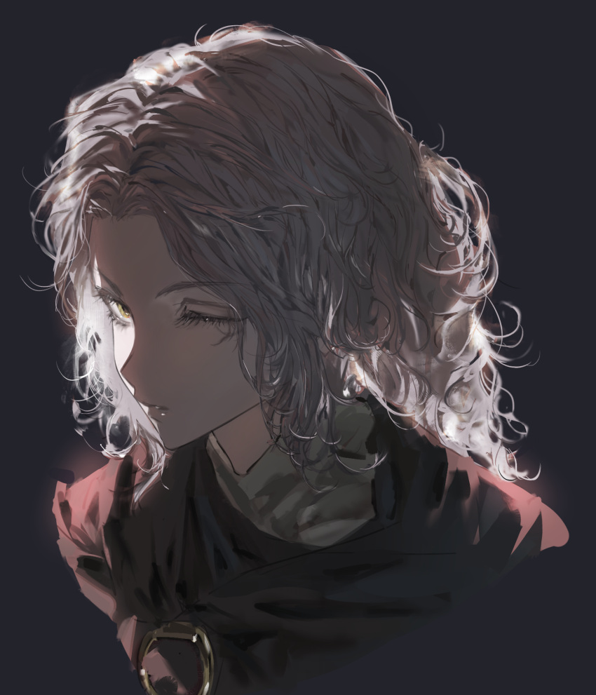 1girl, black_background, black_cape, brown_hair, cape, commentary, elden_ring, english_commentary, facial_tattoo, fhillia_lili, highres, looking_at_viewer, melina_(elden_ring), one_eye_closed, parted_lips, short_hair, simple_background, solo, tattoo, wavy_hair, yellow_eyes