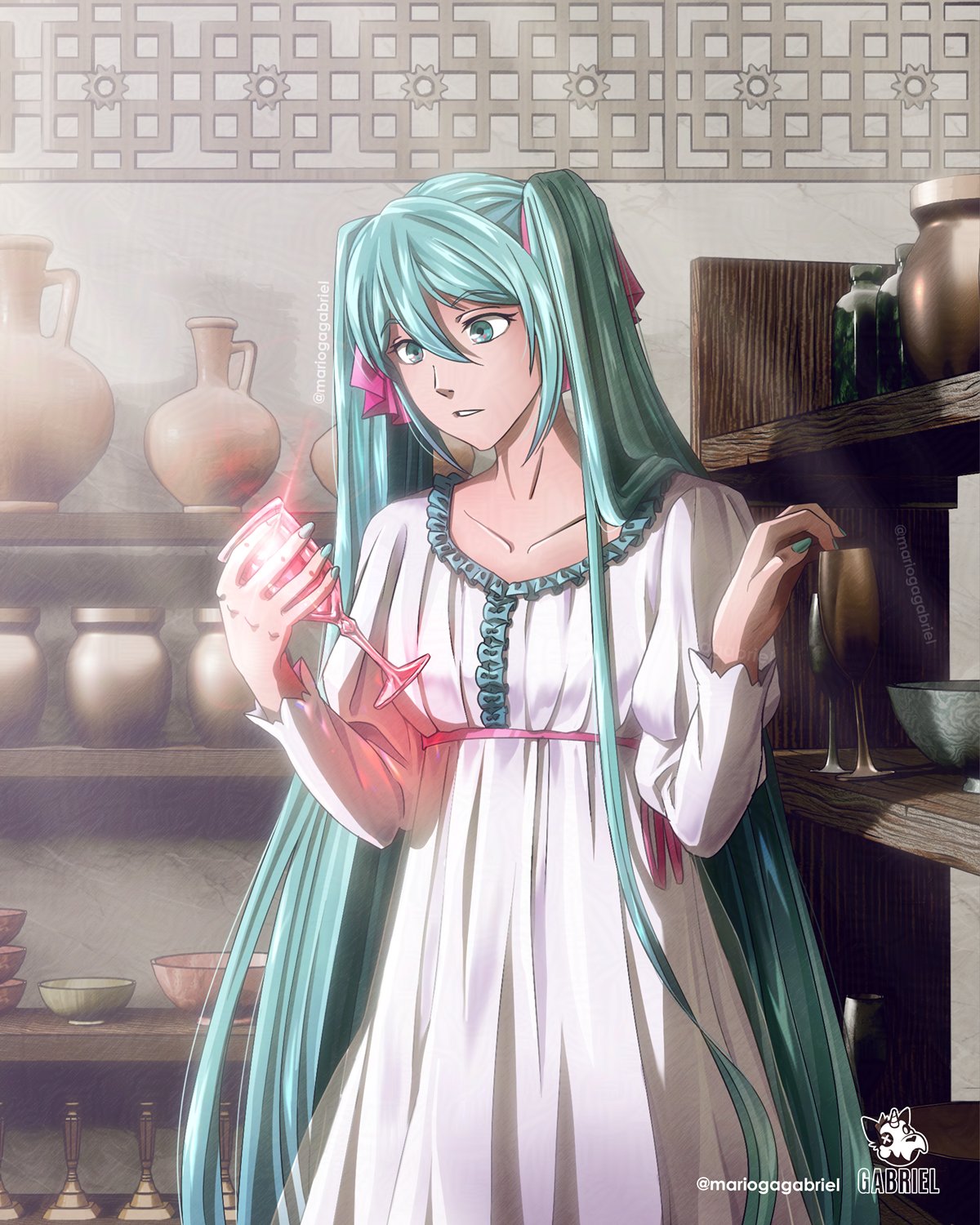 aqua_eyes, aqua_hair, aqua_nails, artist_logo, bottle, bowl, candlestand, collarbone, cup, dress, dress_ribbon, eve_moonlit, evillious_nendaiki, eyelashes, frilled_dress, frills, genzai_monogatari, glass_of_conchita, hair_between_eyes, hair_ribbon, hatsune_miku, highres, holding, holding_cup, jar, juliet_sleeves, light_rays, logo, long_hair, long_sleeves, looking_at_object, mario_gagabriel, parted_lips, pink_ribbon, plate, puffy_sleeves, ribbon, shelf, shopping, twitter_username, very_long_hair, vessel_of_sin, vocaloid, white_dress
