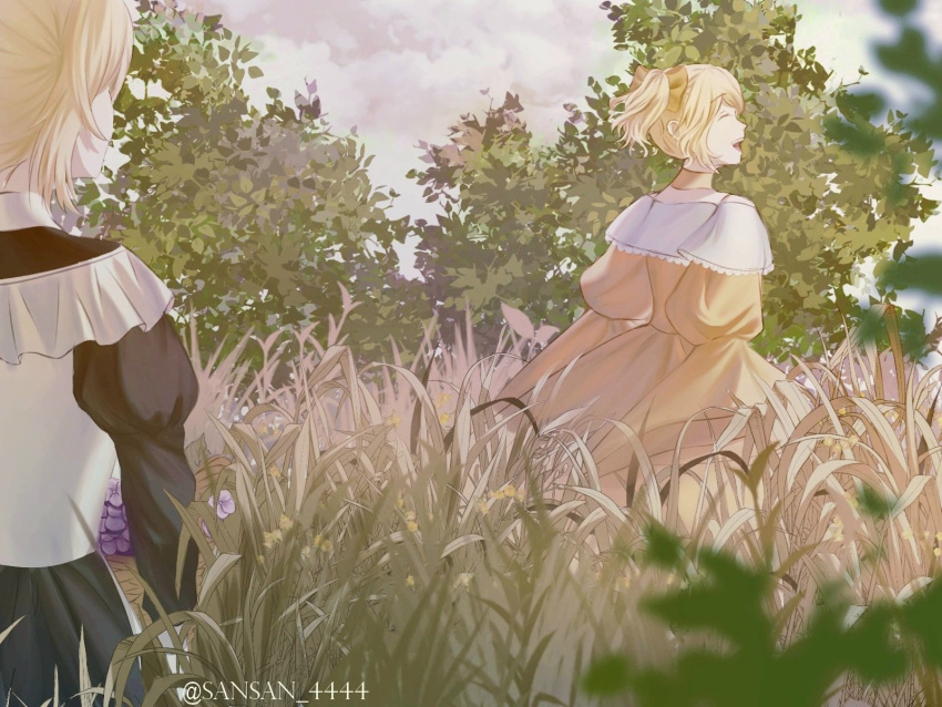 2girls, akita_neru, aku_no_musume_(vocaloid), back, basket, black_dress, blurry, blurry_foreground