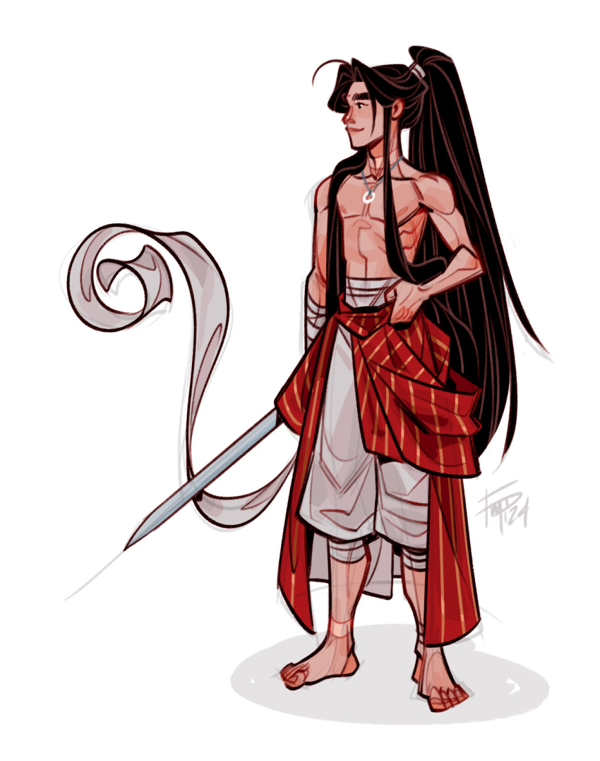 1boy, arm_wrap, bandaged_arm, bandaged_waist, bandages, barefoot, black_eyes, black_hair