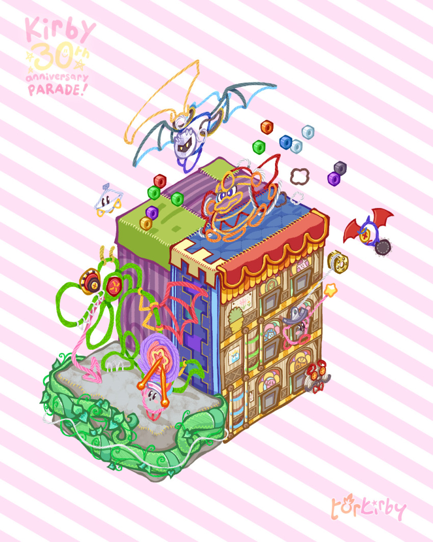 anniversary, artist_name, black_gemstone, blue_gemstone, character_name, copyright_name, dragon, fangora, flying, gem, green_gemstone, highres, king_dedede, kirby, kirby's_extra_epic_yarn, kirby_(series), me-devil, meta_knight, one-eyed, purple_gemstone, red_gemstone, star_(symbol), striped_background, torkirby, two-tone_background, white_gemstone, wings, yarn, yarn_kirby, yellow_gemstone