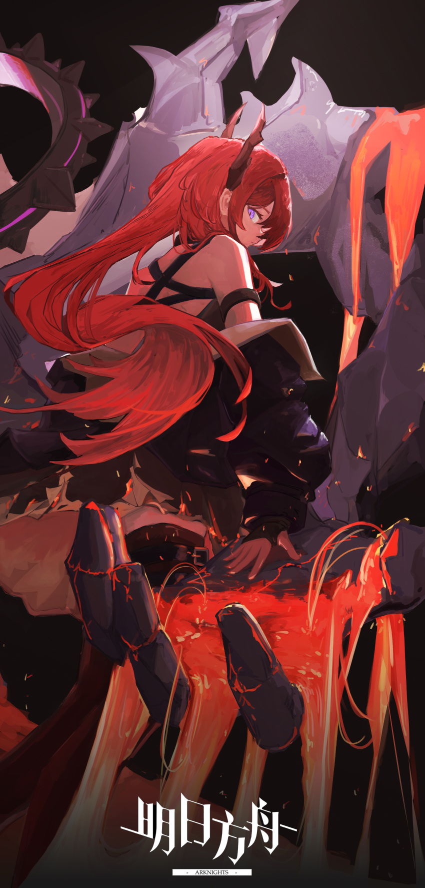 1girl, absurdres, arknights, bare_shoulders, black_dress, black_jacket, closed_mouth, demon_horns