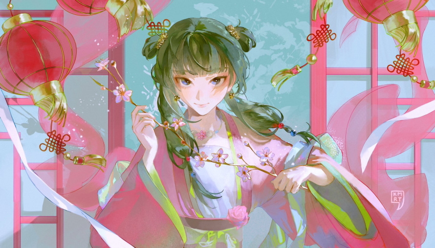 1girl, beads, blue_eyes, blunt_bangs, chinese_clothes, double_bun, duijin_ruqun, earrings
