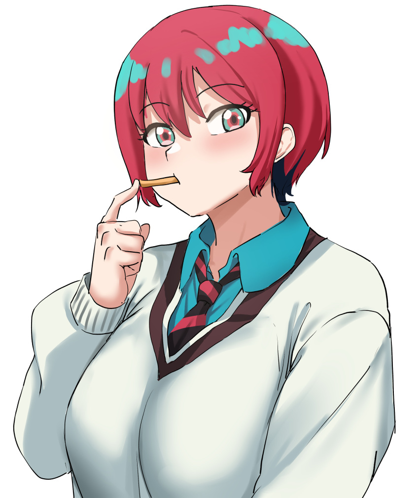 1girl, absurdres, amate_yuzuriha, aqua_eyes, aqua_hair, aqua_shirt, black_necktie, blush