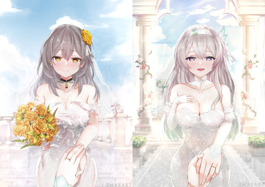 absurdres, dress, emaxart, firefly_(honkai:_star_rail), flower, grey_hair, hair_flower, hair_ornament