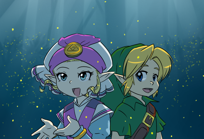 1boy, 1girl, ask-young-link, belt, belt_buckle, blonde_hair, blue_background, blue_eyes, blue_sleeves, brown_belt, buckle, child, commentary, dress, english_commentary, green_hat, green_tunic, hat, link, long_sleeves, open_mouth, pink_dress, pink_hat, pointy_ears, princess_zelda, short_sleeves, shoulder_belt, sideways_glance, smile, the_legend_of_zelda, the_legend_of_zelda:_ocarina_of_time, tunic, two-tone_dress, two-tone_headwear, upper_body, white_dress, white_hat, young_link, young_zelda