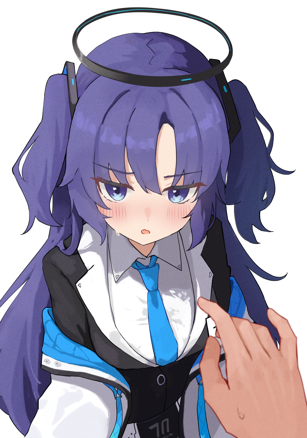 1girl, black_jacket, blue_archive, blue_eyes, blue_hair, blue_necktie, blush, collared_shirt