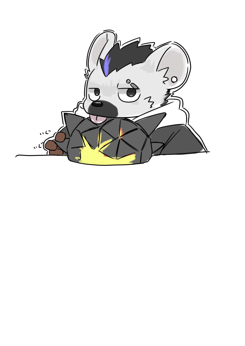 1boy, arknights, black_hair, black_jacket, chibi, chibi_only, closed_mouth, ear_piercing