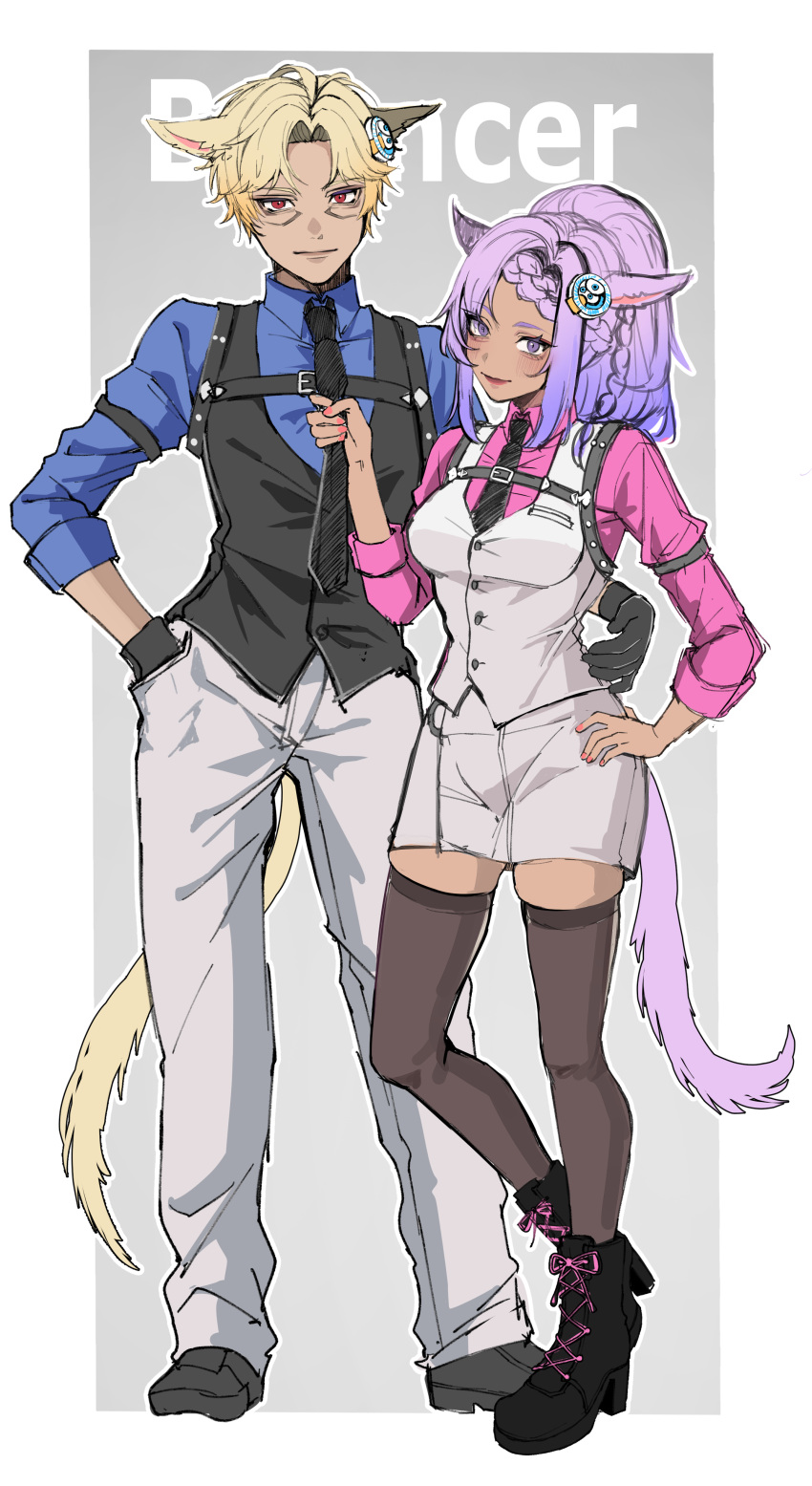 1boy, 1girl, absurdres, animal_ears, black_boots, black_gloves, black_necktie, black_shoes