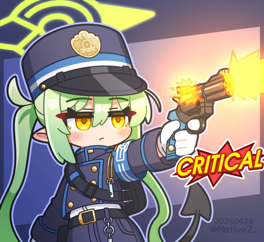 1girl, blue_archive, blush, demon_tail, finger_on_trigger, firing, flat_chest, green_hair, green_halo, gun, halo, hat, highres, holding, holding_gun, holding_weapon, long_hair, manurhin_mr73, native, nozomi_(blue_archive), pointy_ears, revolver, solo, tail, twintails, weapon, yellow_eyes