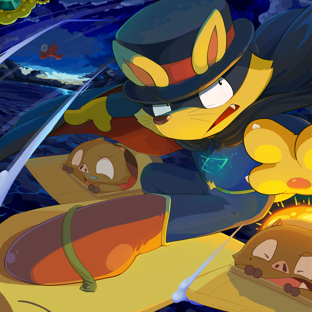 1boy, aircraft, airplane, black_cape, black_eyes, black_hat, blue_pants, blue_shirt