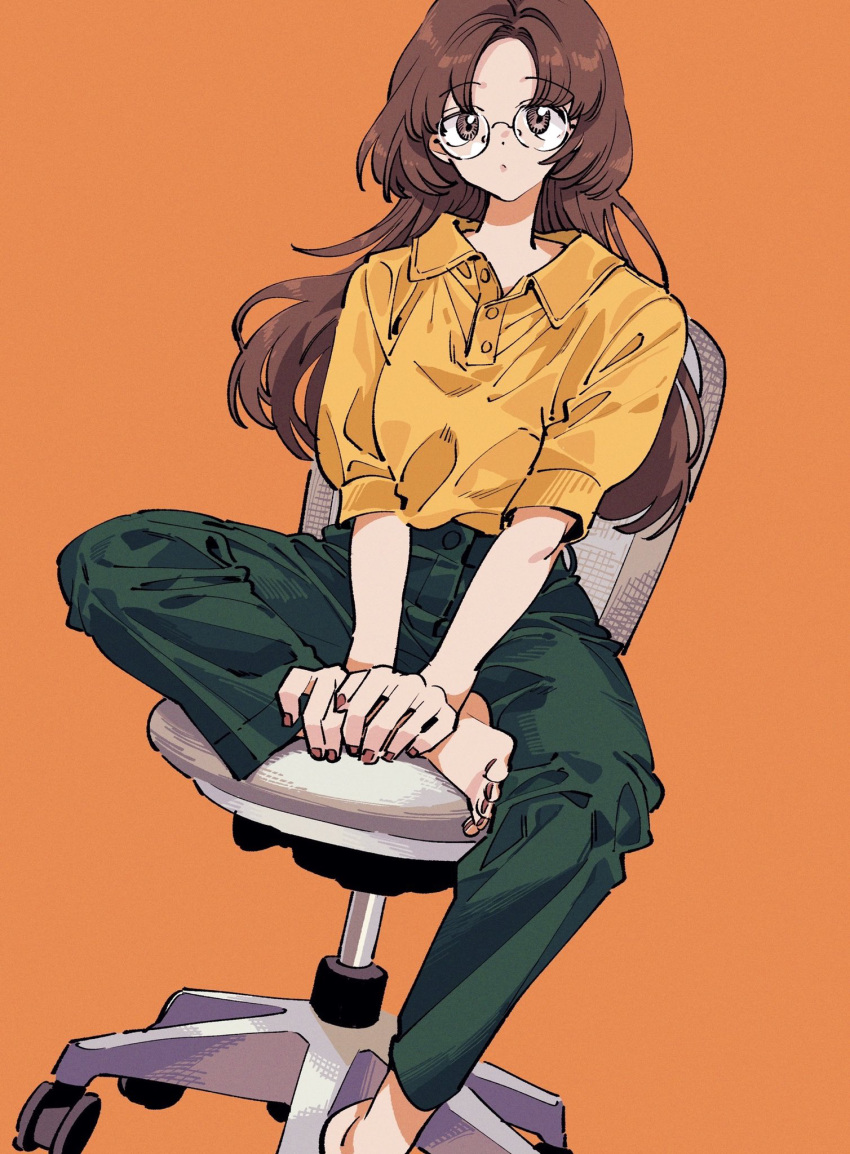 1girl, baggy_clothes, barefoot, brown_eyes, brown_hair, chair, figure_four_sitting, glasses