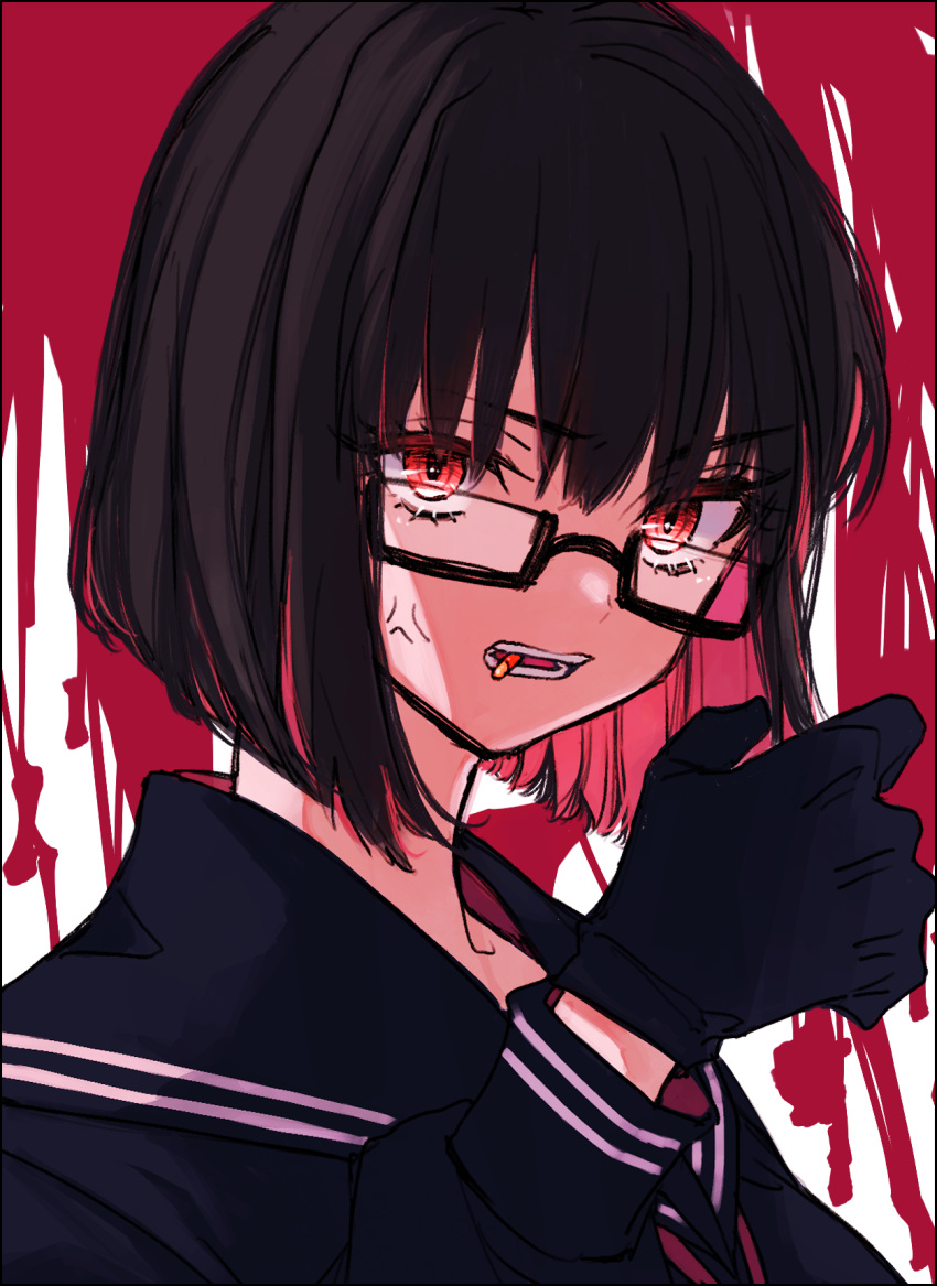 1girl, amane_(7783), anger_vein, black-framed_eyewear, black_gloves, black_hair, black_sailor_collar, black_shirt