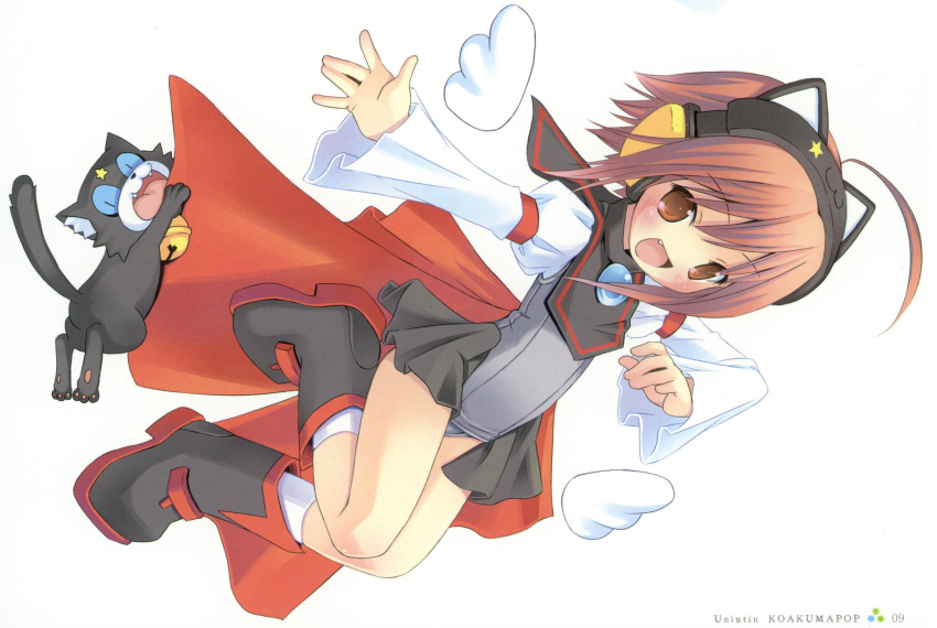 :d, animal, animal_ears, artbook, bare_legs, bell, bell_collar, blue_eyes, blush, bob_cut, bow, brown_eyes, cat, cat_ears, collar, extra_ears, fang, flat_chest, flying, footwear, frilled_swimsuit, frills, hanging, headphones, highres, jingle_bell, ka-kun, long_sleeves, magical_girl, moetan, one-piece_swimsuit, open_mouth, pop, puffy_sleeves, red_hair, redhead, ribbon, school_swimsuit, shoes, short_hair, simple_background, smile, socks, star, swimsuit, swimsuit_costume, tempera_sumi, white_background, wide_sleeves, wings