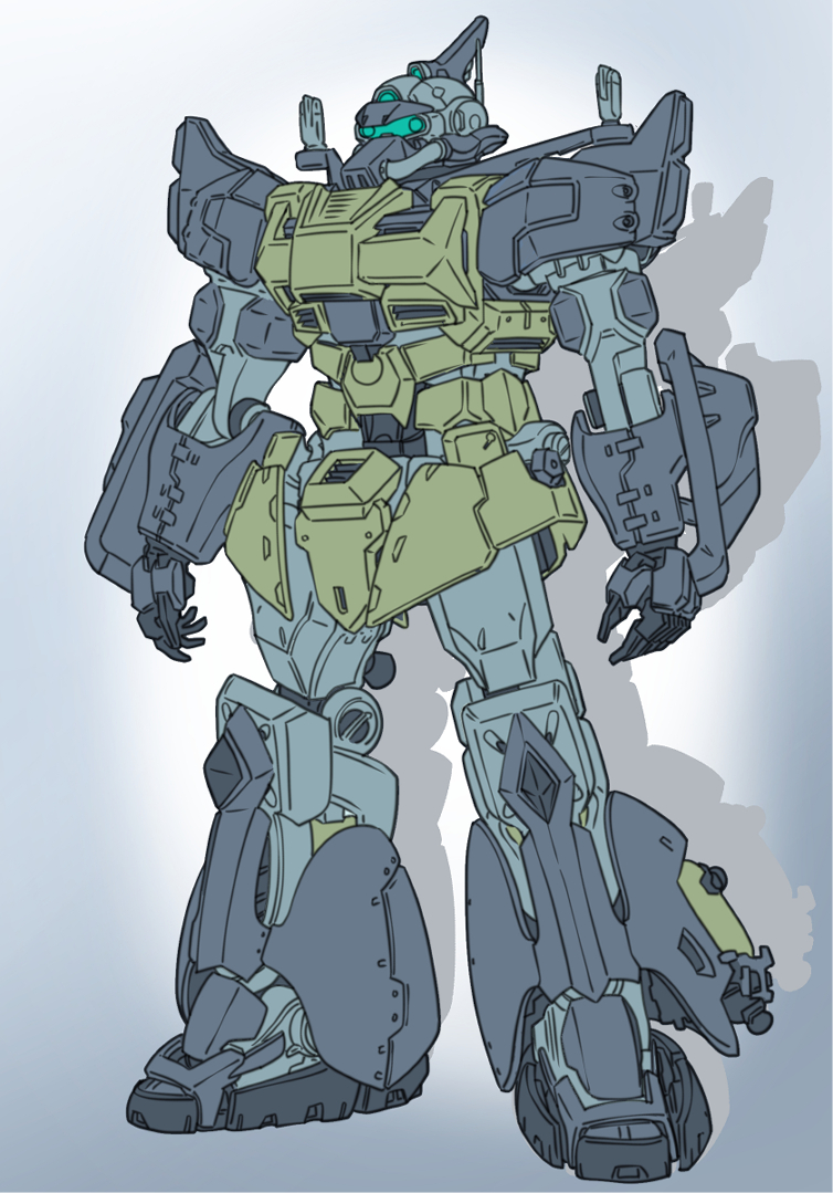 alternate_form, armor, full_body, gelgoog, gelgoog_(gquuuuuux), gradient_background, gundam, gundam_gquuuuuux, mecha, mecha_focus, mobile_suit, niiyan, no_humans, robot, shadow
