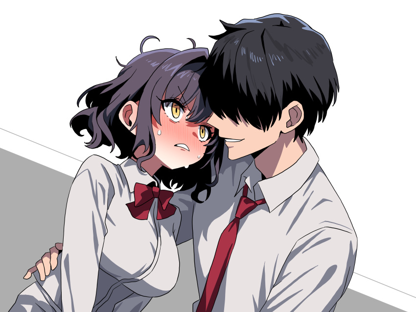 1boy, 1girl, absurdres, black_hair, blush, bow, bowtie, breasts
