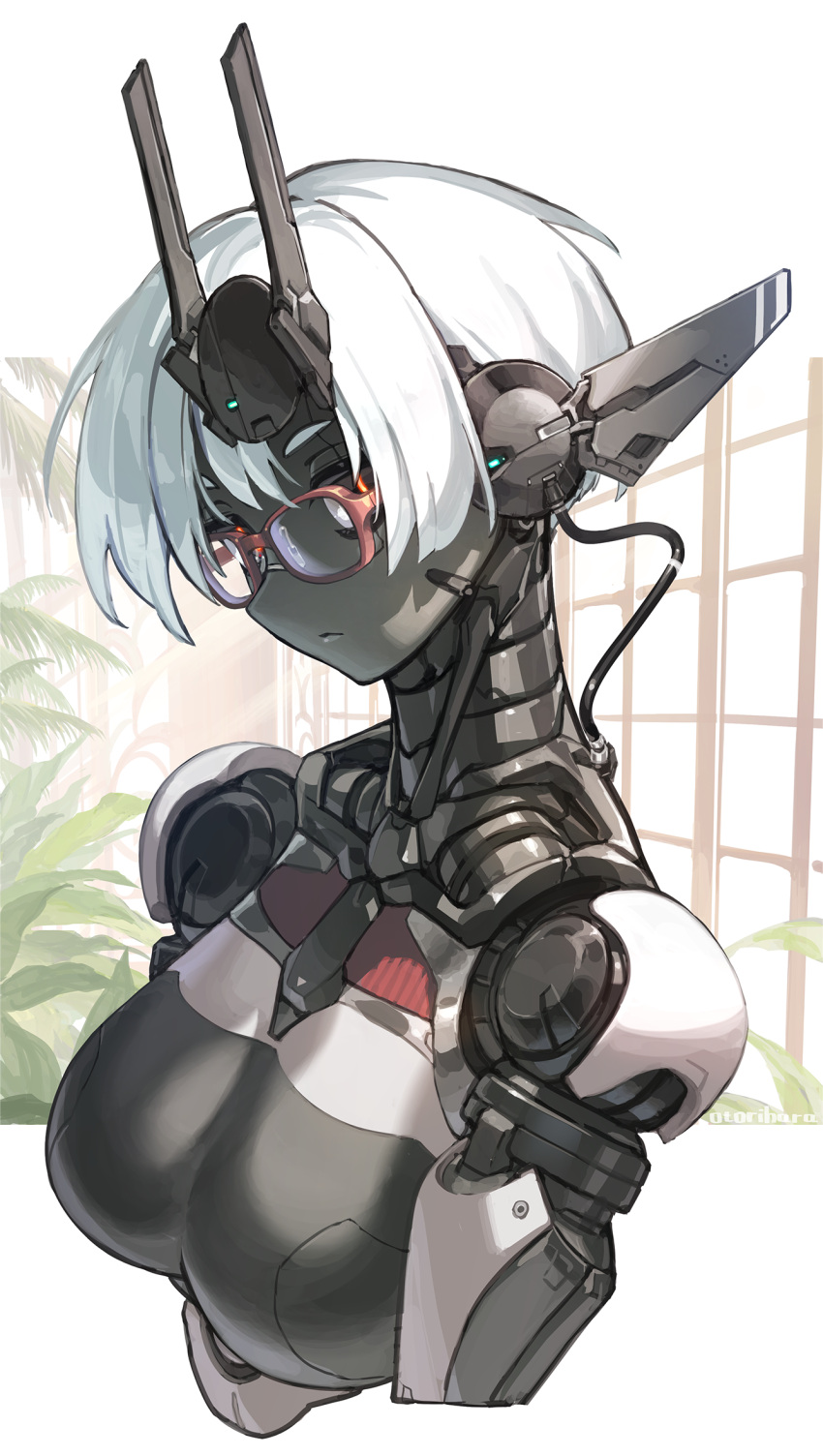 1girl, black_eyes, breasts, cable, colored_skin, cropped_torso, glasses, go-malniju