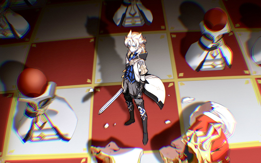 1boy, albedo_(genshin_impact), black_boots, black_gloves, blonde_hair, blue_eyes, blue_shirt, boots