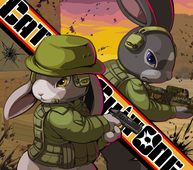 animal, animal_focus, blue_eyes, botasky, cat_shit_one, clothed_animal, green_hat, green_jacket, gun, hat, headphones, holding, holding_gun, holding_weapon, jacket, mokechi, no_humans, packy, parted_lips, rabbit, weapon, weapon_request, yellow_eyes
