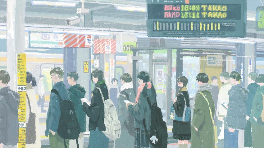 1girl, backpack, bag, black_hair, black_skirt, brown_hair, charm_(object), commentary_request, crowd, faceless, hayashi_naoyuki, highres, holding, holding_phone, jacket, medium_hair, original, phone, scarf, security_camera, short_hair, shoulder_bag, sign, skirt, standing, timetable, train, train_station