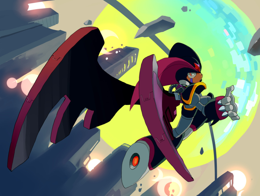 1boy, android, armor, bass_(mega_man), black_armor, black_helmet, black_wings, closed_mouth