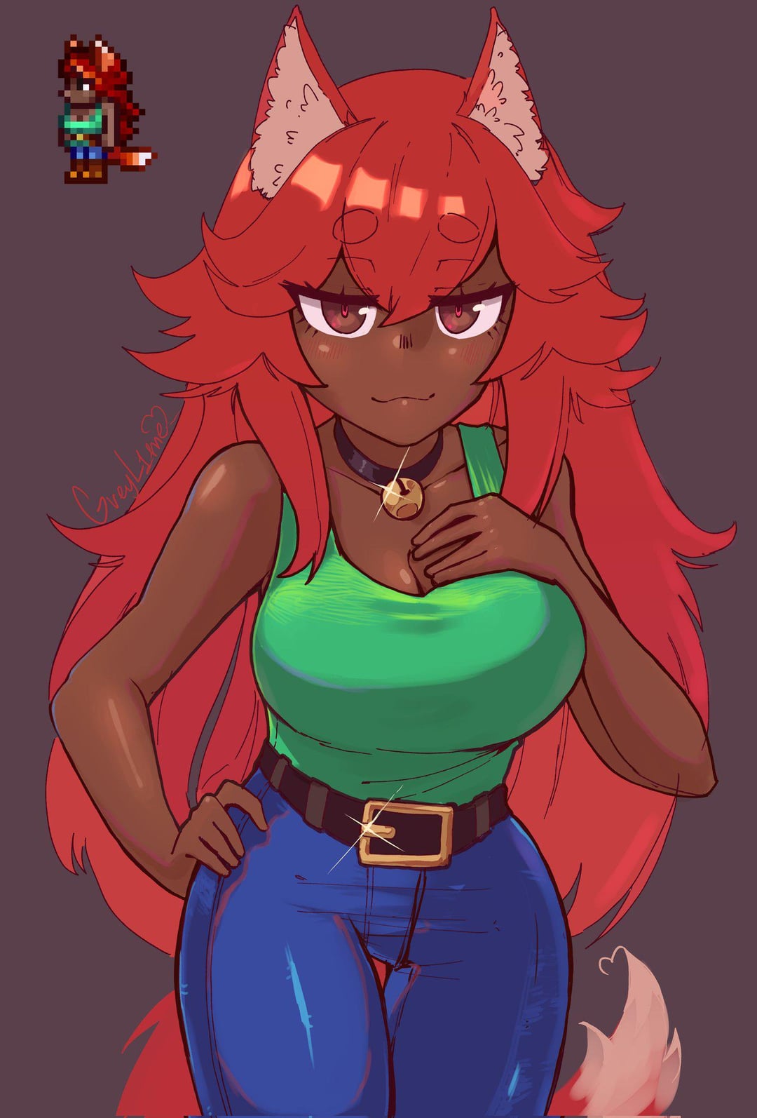 1girl, animal_ears, artist_name, bell, belt, blue_pants, breasts, brown_eyes, brown_hair, collar, dark_skin, fox_ears, fox_girl, green_shirt, green_tank_top, greyl1me, hand_on_own_chest, hand_on_own_hip, highres, jingle_bell, large_breasts, looking_at_viewer, monster_girl, official_art_inset, pants, pink_pupils, red_hair, shirt, simple_background, tank_top, terraria, tight_clothes, tight_pants, watermark, zoologist_(terraria)
