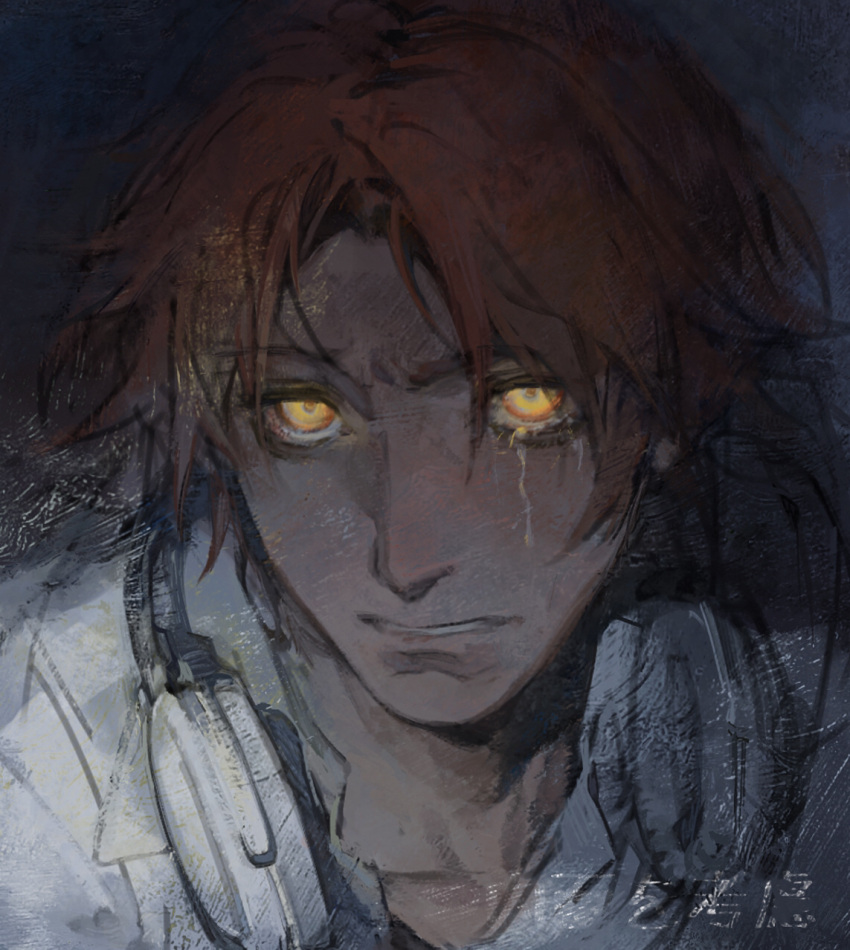 1boy, brown_hair, creamyghost, dark, glowing, glowing_eyes, hanamura_yousuke, headphones
