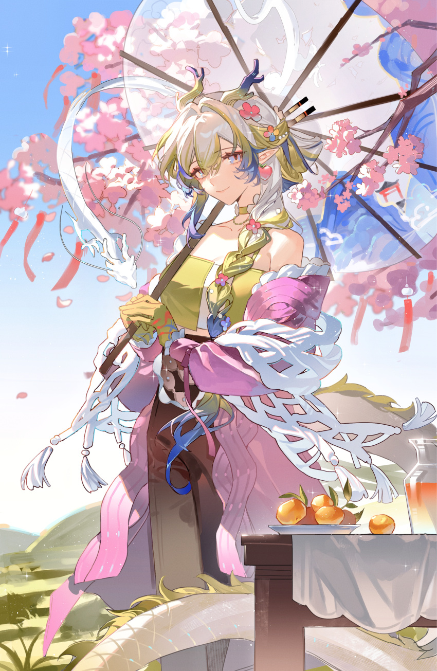 1girl, absurdres, arknights, bare_shoulders, blonde_hair, blue_eyes, blue_hair, blue_sky, braid, cherry_blossoms, closed_mouth, colored_extremities, day, dragon, eastern_dragon, eastern_dragon_horns, eastern_dragon_tail, feet_out_of_frame, flower, food, fruit, glass_jar, gloves, hair_flower, hair_ornament, hair_stick, highres, hill, holding, holding_umbrella, horns, jacket, juice, long_hair, long_sleeves, looking_at_viewer, multicolored_eyes, multicolored_hair, off_shoulder, oil-paper_umbrella, orange_(fruit), outdoors, pants, pink_flower, pink_jacket, pointy_ears, sanye308, shawl, shu_(arknights), shu_(spring_feast)_(arknights), single_braid, sky, smile, solo, standing, streaked_hair, table, tail, tassel, umbrella, white_hair, yellow_eyes