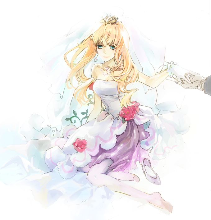 bare_shoulders, blonde_hair, blue_eyes, bridal_veil, bride, crown, dress, flower