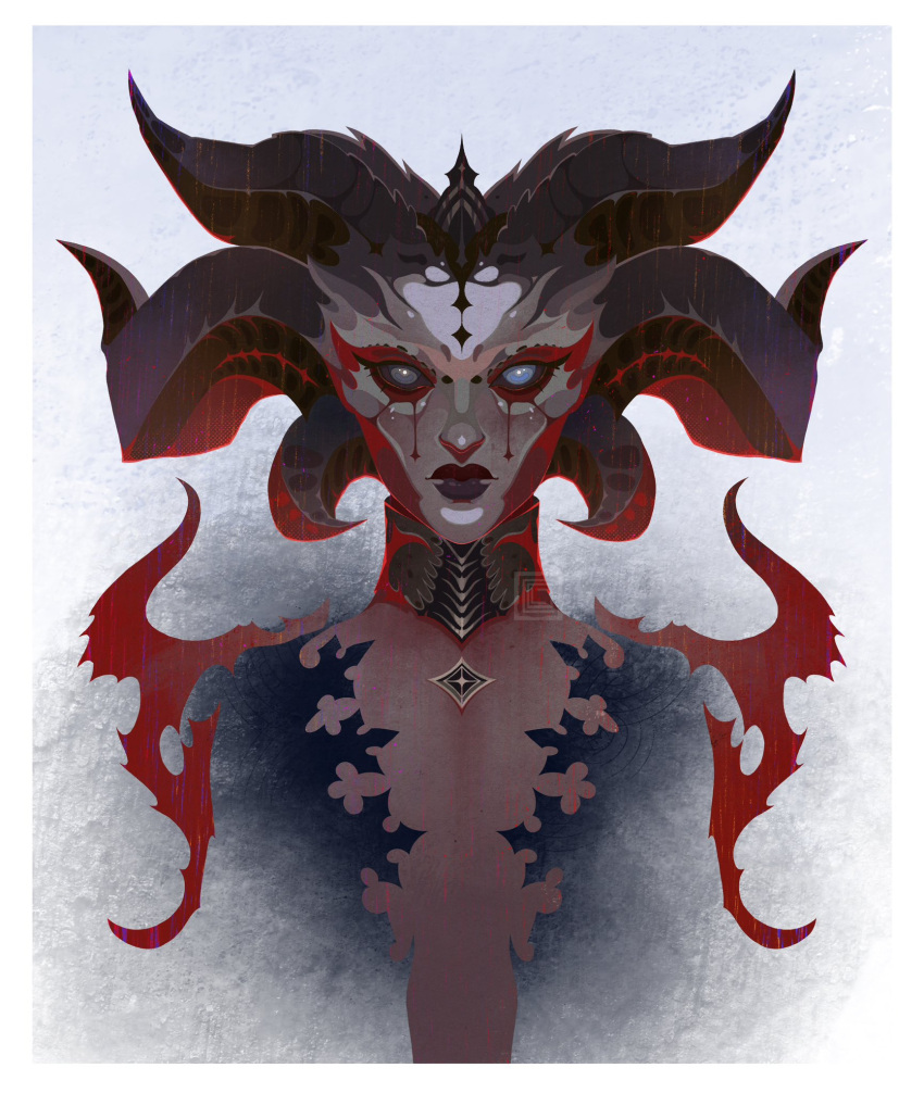 1girl, black_dress, black_horns, black_lips, black_sclera, blue_eyes, border, center_opening