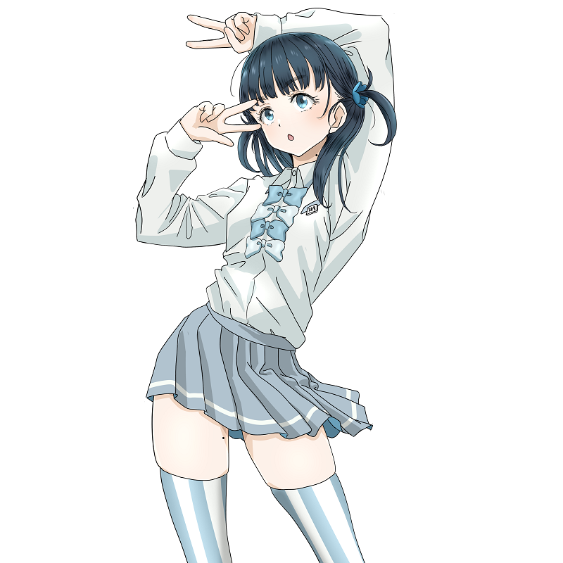 1girl, arms_up, basori_tiara, blue_bow, blue_eyes, blue_hair, bow, collared_shirt