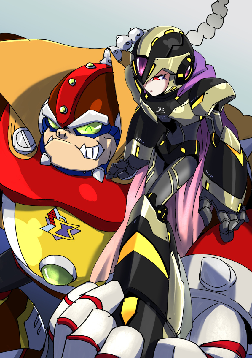 2boys, android, armor, bald, cape, chest_jewel, choker, clenched_teeth
