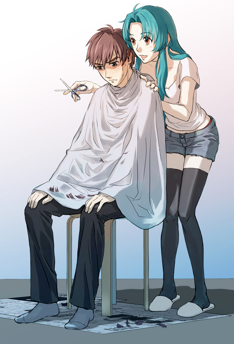 1girl, bad_id, black_legwear, black_thighhighs, blue_hair, blush, brown_eyes, brown_hair