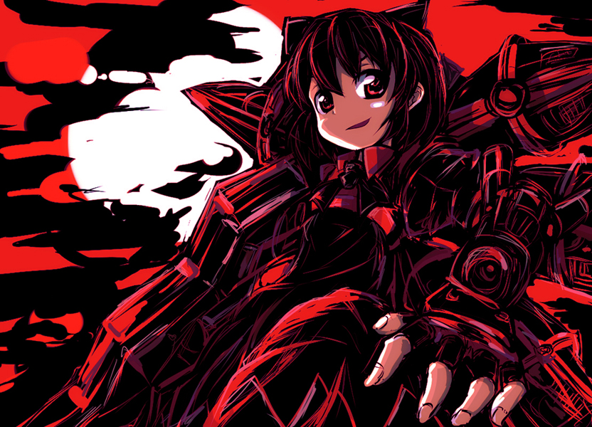 armor, armored_core, ascot, black_ascot, black_bow, black_clouds, black_hair, bow