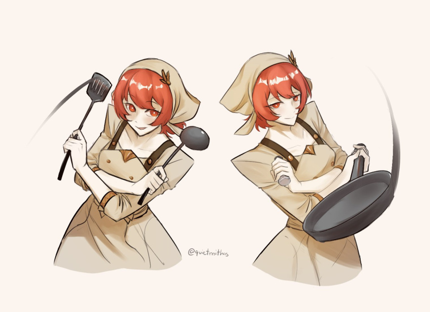 2girls, apron, artist_name, cropped_torso, frying_pan, holding, holding_frying_pan, holding_ladle