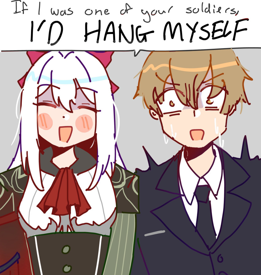 1boy, 1girl, ascot, beepop-uwu, black_necktie, black_suit, blonde_hair, bow