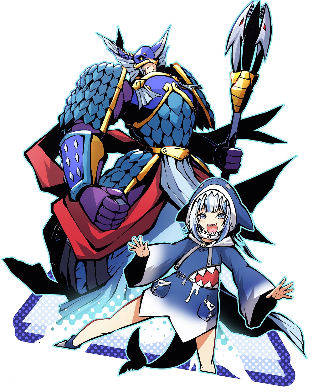 1boy, 1girl, armor, blue_armor, blue_eyes, blue_hair, blue_hoodie, cowboy_shot