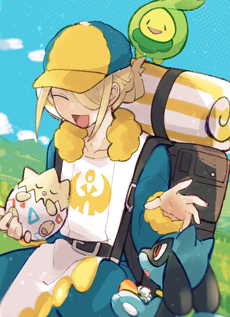 1boy, ^_^, apron, backpack, bag, belt, belt_buckle, blonde_hair