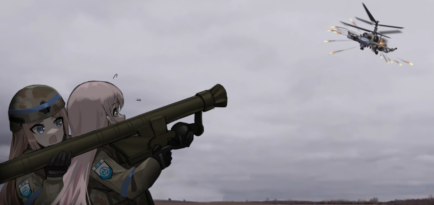 2girls, absurdres, afu_(amzs8345), aiming, aircraft, attack_helicopter, bang_dream!, bang_dream!_it's_mygo!!!!!