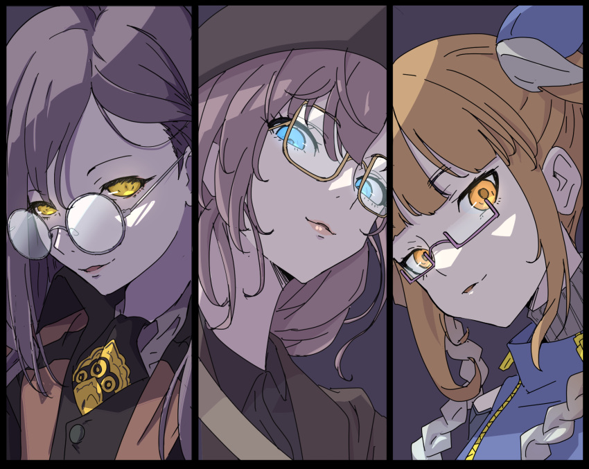 3girls, ascot, black_ascot, black_border, black_shirt, black_vest, blue_eyes, blue_jacket