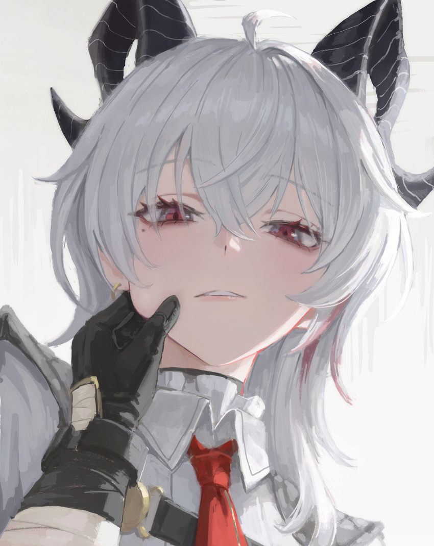 1boy, 1girl, black_choker, black_gloves, black_horns, cheek_pull, choker, collared_shirt