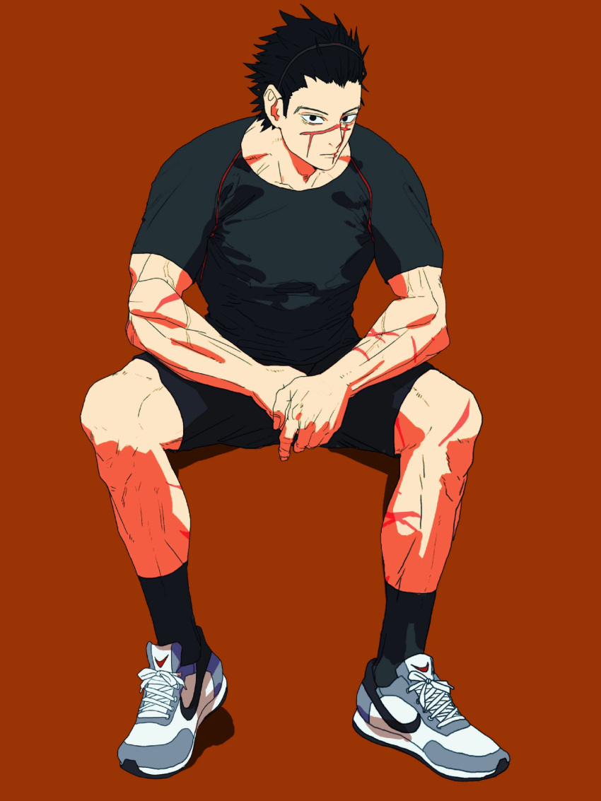 1boy, black_eyes, black_hair, black_shirt, black_shorts, black_socks, closed_mouth, crew_neck