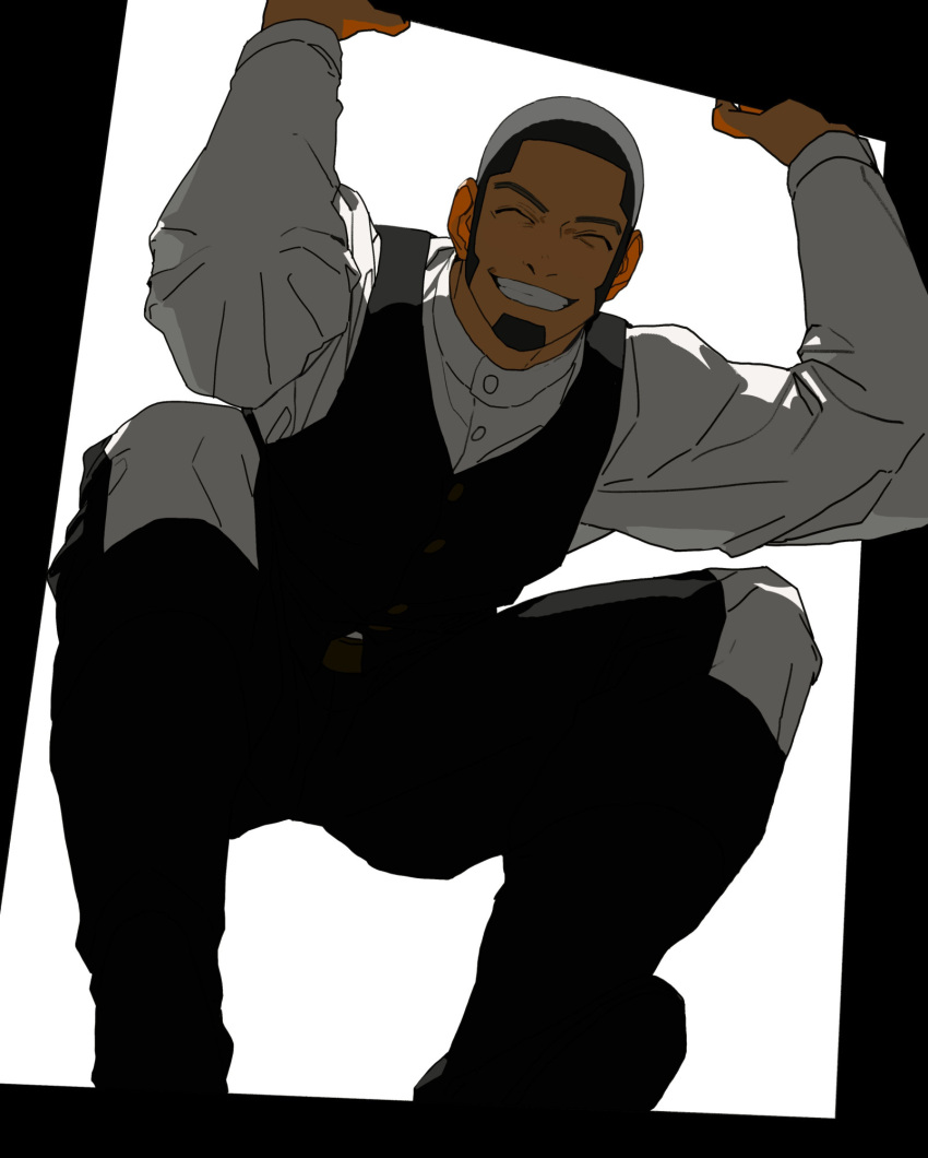 1boy, arms_up, black_hair, black_pants, black_vest, buzz_cut, closed_eyes, facial_hair