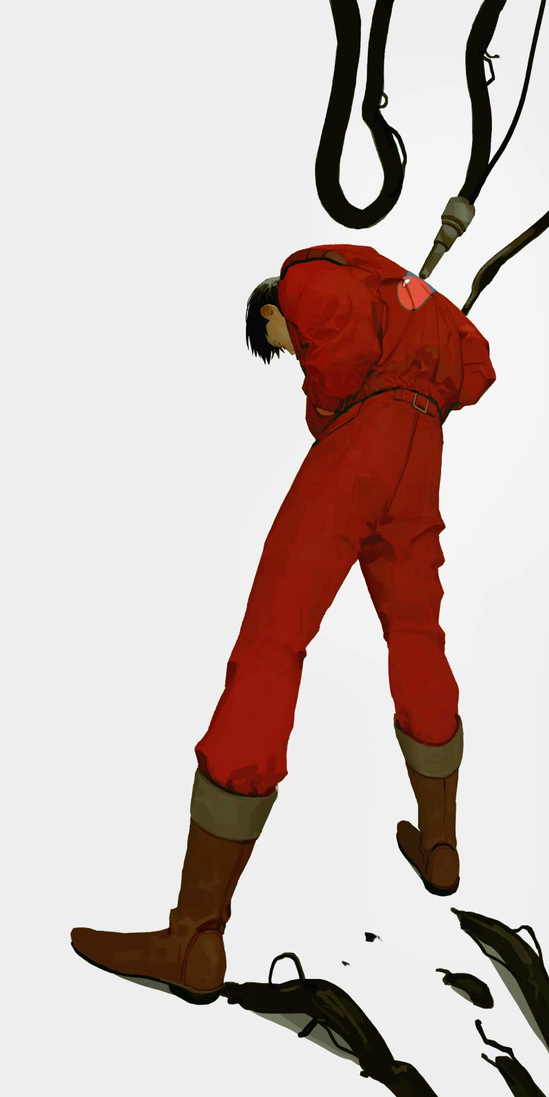 1boy, akira_(manga), belt, belt_buckle, black_hair, boots, brown_boots, buckle