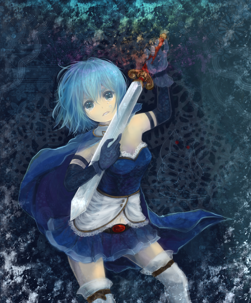 arm_up, bad_id, bare_shoulders, blonde_hair, blue_eyes, cape, elbow_gloves, gloves, mahou_shoujo_madoka_magica, marugo, miki_sayaka, navel, short_hair, solo, sword, tears, thigh-highs, thighhighs, weapon, witch's_labyrinth, witch's_labyrinth, zettai_ryouiki