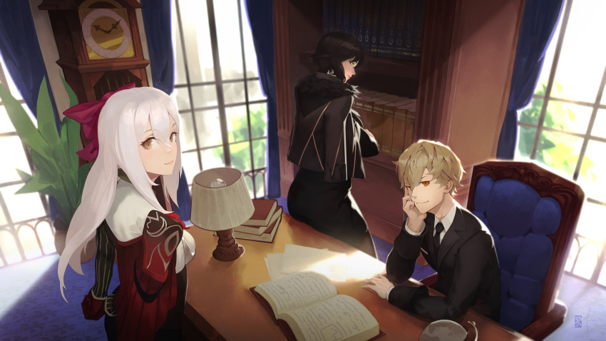 1boy, 2girls, black_hair, black_necktie, black_suit, blonde_hair, book, book_stack
