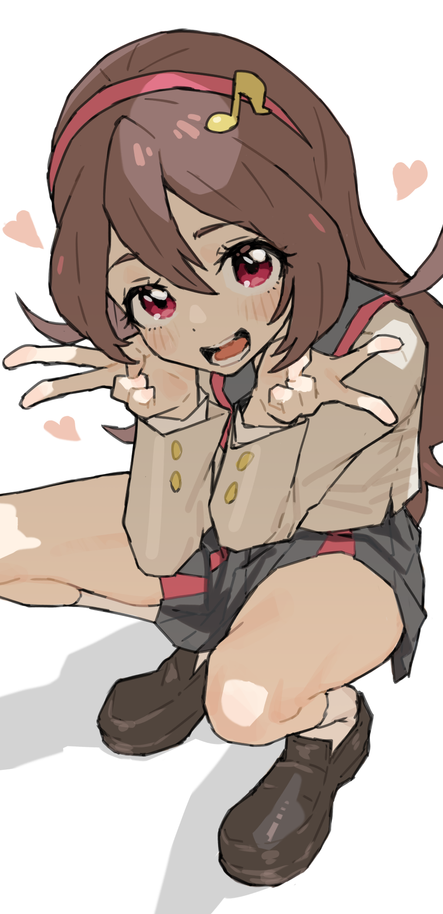 1girl, ankle_socks, blush, brown_hair, grey_skirt, hair_ornament, hanamichi_middle_school_uniform, heart