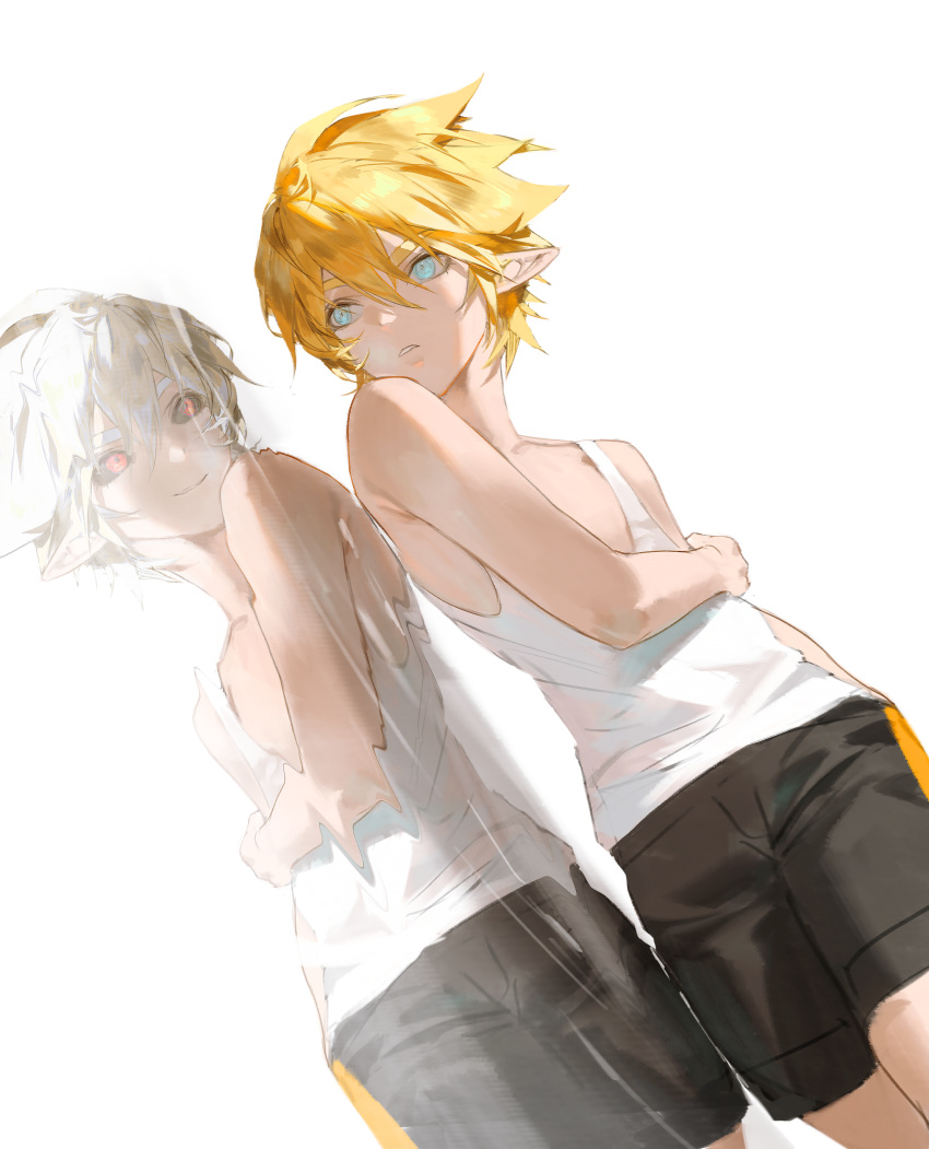 2boys, absurdres, ahoge, aotu_world, bare_arms, bare_shoulders, black_sclera, black_shorts, blonde_hair, blue_eyes, closed_mouth, colored_sclera, cowboy_shot, different_reflection, dual_persona, dutch_angle, hair_between_eyes, hand_on_own_arm, highres, king_(aotu_world), king_(dark)_(aotu_world), looking_at_viewer, male_focus, multiple_boys, official_alternate_eye_color, official_alternate_hair_color, parted_lips, pointy_ears, red_eyes, reflection, shirt, short_hair, shorts, simple_background, smile, spiky_hair, tank_top, waterrice11, white_background, white_hair, white_tank_top